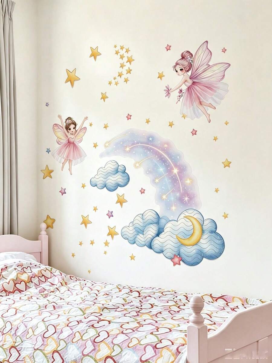2 Styles Fairy Moon Rainbow Cloud Wall Decals, Removable Self‑Adhesive Wall Art, Home Decor, Girls Nursery Bedroom Baby Shower Decor - Multicolor - View 1