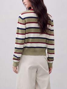 Women's Autumn/Winter Casual Minimalist Colorblock Striped Round Neck Cardigan Knit Sweater Jacket Fall - Multicolor - View 2