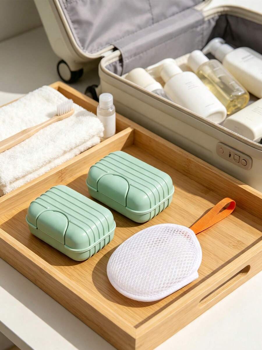 Travel Soap Box And Foaming Net Set, Airtight Soap Box, Suitable For Business Trips And Travel; Features Waterproof Seal And Secure Lock; Portable; Suitable For Standard Soap And Handmade Soap - Multicolor - View 1