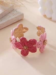 1 pieza Brazalete ancho de flor tejida de doble color rojo y rosa estilo Ins, brazalete ajustable de tono tierra estético vintage para chica suave, adecuado para vacaciones en la playa, picnic de primavera/verano, camping, atuendo Maillard de otoño/invierno, desplazamiento diario al trabajo, fotografía de viaje pastoral en ciudad antigua, a juego con vestido de lino marrón claro - Multicolor - Ver 10