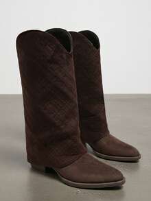 Plus Size Wide Foot Diamond Quilted V-Cut Pointed Toe Chunky Heel Slouchy Slip-On Western Style Tall Boots - Brown - View 1