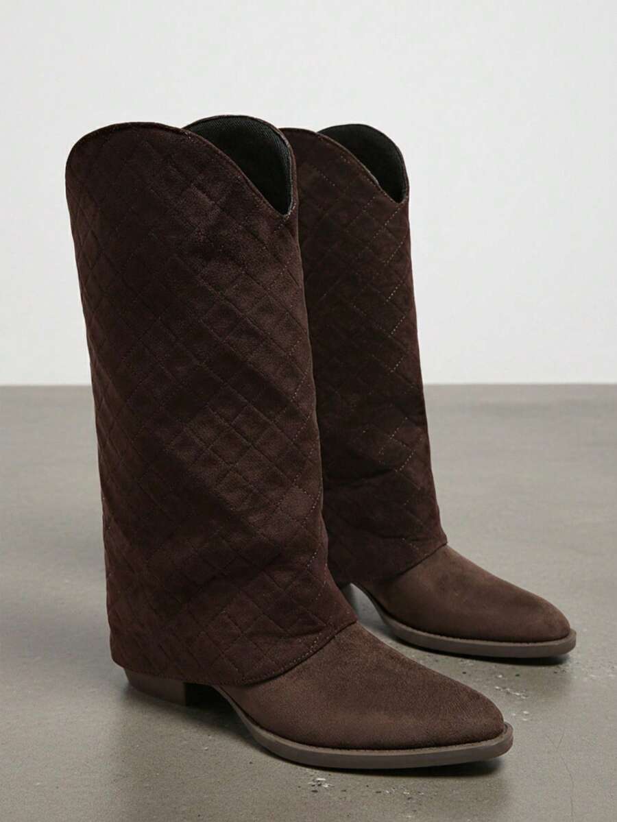 Plus Size Wide Foot Diamond Quilted V-Cut Pointed Toe Chunky Heel Slouchy Slip-On Western Style Tall Boots - Brown - View 1