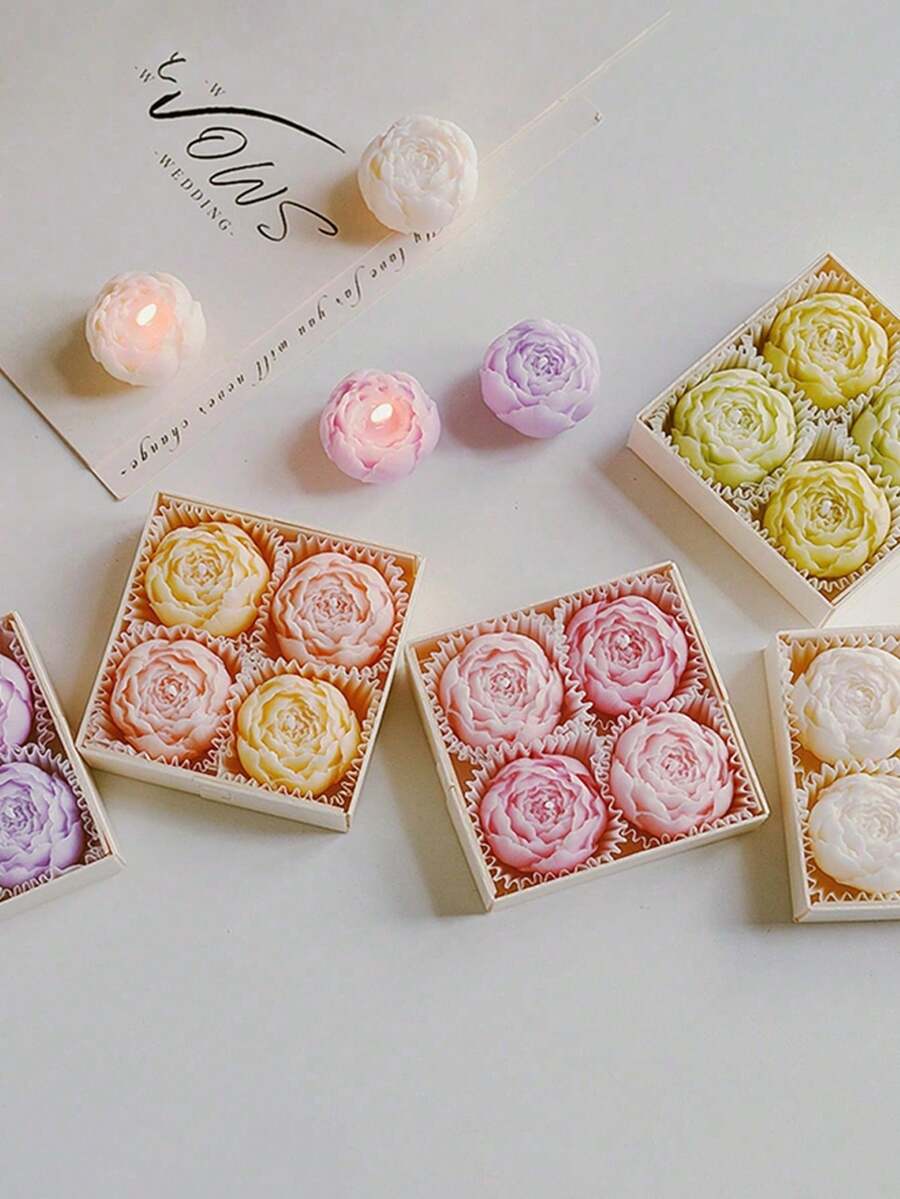 1pc/4pcs/8pcs/12pcs Rose-Shaped Scented Candle Gift Box, Handmade From Soy Wax, Long-Lasting Fragrance. Romantic, Elegant, Exquisite, Perfect Home Decor For All Seasons, Also An Excellent Gift For Friends And Family. Suitable For Gatherings, Mother's Day, Wedding Season, Wedding Gifts, Yoga, Spa And Other Occasions. - Peony - View 1