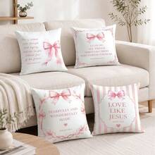 MEMNUN 4pcs Pink Bow Bible Verse Printed Pattern Decorative Cushion Cover [Pillow Insert Not Included], 40*40cm/45*45cm/50*50cm, [Single-Sided Print] Made Of Polyester Material Striped Wreath Bow Bible Quote Cushion Cover Room Decor, Home Decor, Bedroom Decor, Room Decoration Stuff For Sofa, Bed, Living Room, Bedroom, Car, Office, Hotel Decoration Throw Pillow Covers All Seasons Perfect Gift For Family And Friends - Multicolor - View 6