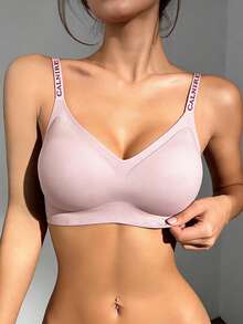 Wireless Jelly Support Camisole Bra, Letter Strap, Anti-Sagging, U-Back Fixed Cup - Pink - View 3
