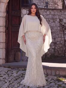 Plus Size Glamorous Beaded Sequin Mermaid Gown With Flowy Cloak Sleeves, A Sophisticated Formal Dress For Special Occasions - Champagne - View 1