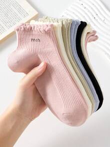 5 Pairs Women's Short Socks With Letter Pattern And Lace Trim, Non-Slip, Comfortable And Breathable, Suitable For All Seasons, Ideal For Sports And Casual Wear - Multicolor - View 1
