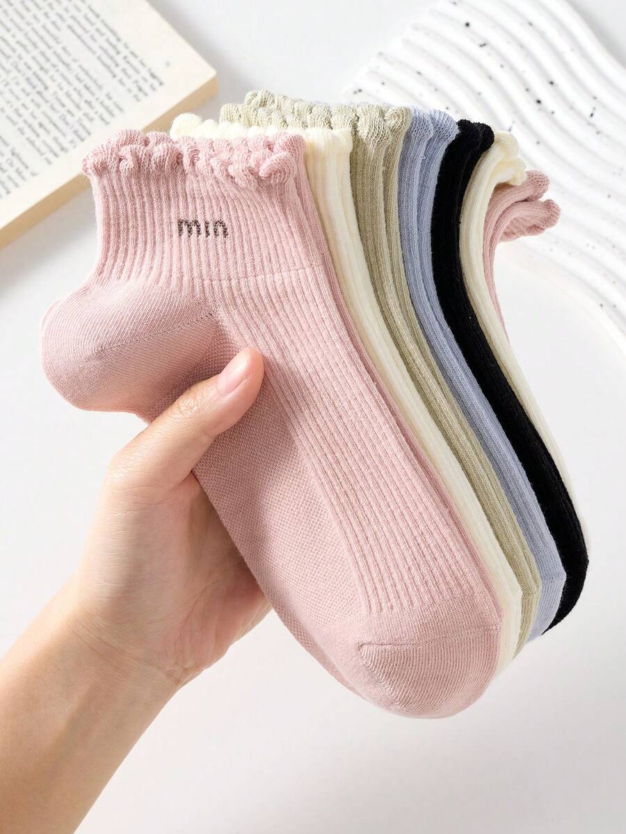 5 Pairs Women's Short Socks With Letter Pattern And Lace Trim, Non-Slip, Comfortable And Breathable, Suitable For All Seasons, Ideal For Sports And Casual Wear - Multicolor - View 1