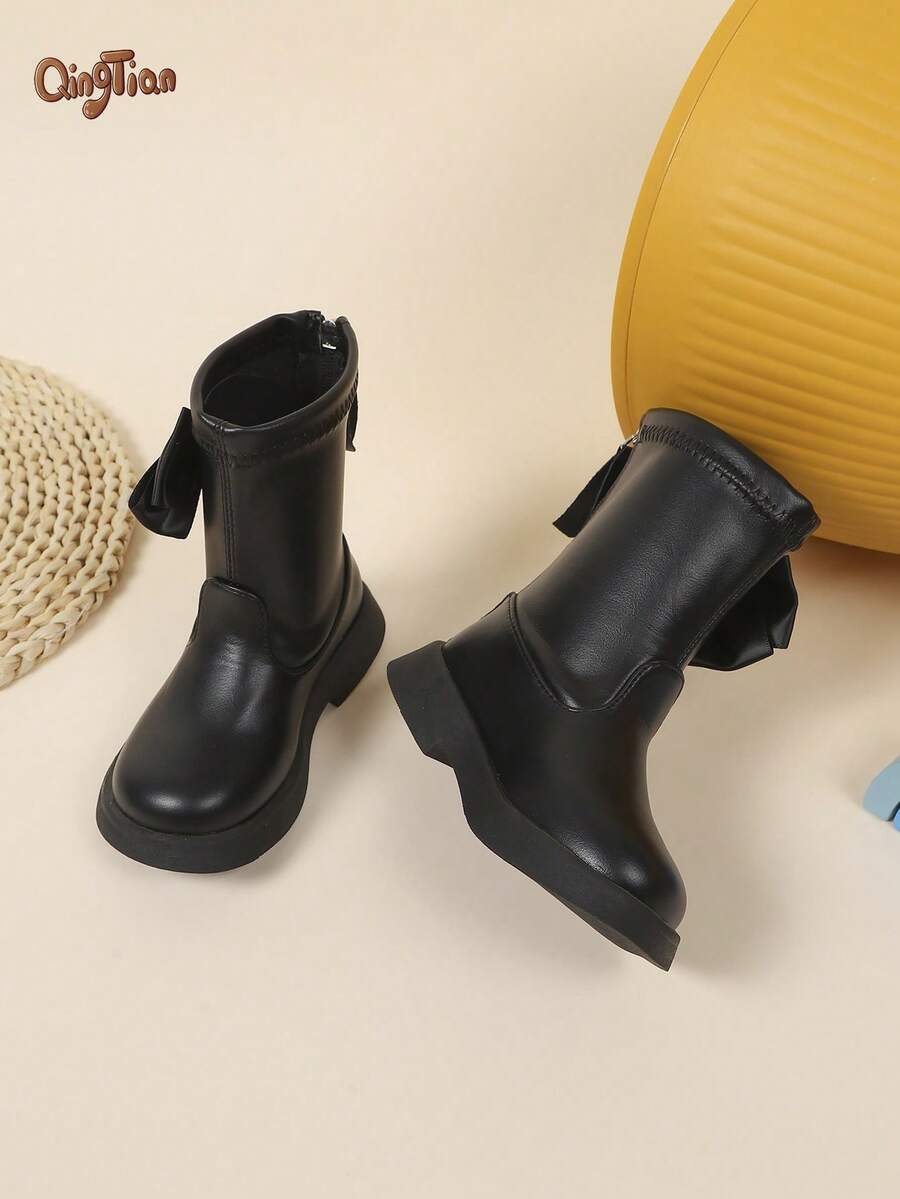 1 Pasang Sepatu Bot Setengah Betis Anak Perempuan dari Kulit PU dengan Hiasan Pita & Rhinestone, Ujung Bulat, Resleting Belakang, Sol Tebal dan Datar, Sepatu Bot Pendek Anak Perempuan Gaya Putri Manis, Cocok untuk Pemakaian Sehari-hari Musim Gugur/Musim Dingin dan Acara Pesta Liburan - Hitam - View 1