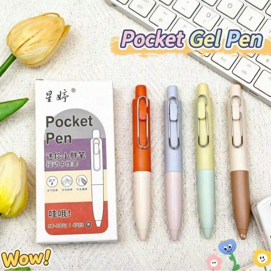 4pcs Macaron Mini Pocket Retractable Gel Pens, Cute Thick Barrel ST Tip Black Ink Writing Pens, Portable Compact Pocket Signature Pens, Aesthetic Cute Style Student Exam Note-Taking Stationery, Suitable For School Office Planner - A - View 1