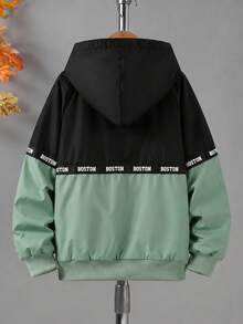 Boys' Autumn/Winter Casual Fashion Letter Print Webbing Patchwork Thermal Lined Long Sleeve Hooded Jacket - Black - View 2