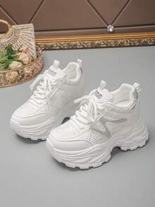 Women's Wedge Platform Sneakers, Fashionable Versatile Rhinestone Decor Lace-Up Casual Chunky Sneakers, Height-Increasing Women's Shoes - White - View 7