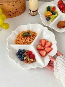 1pc European Style Petal Embossed Ceramic 3-Compartment Plate, Home Use Light Meal Portion Control Divided Plate, Western Pasta Fruit Nut Snack Dessert Dish - White - View 9