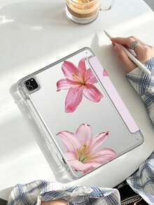 1件粉色百合花平板保護殼，相容 iPad Mini6/7/Air/Air2/9.7/10.2/10.5/10.9 (Air4-Air8)/Pro 11/10th Gen/A16/Pro 11 2024，雙面彩繪圖案，透明壓克力背殼，絲綢質感 8 折支架，自動休眠/喚醒，內建筆槽，不含筆，部分機型附相機框 - 彩色 - 查看 5