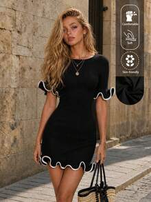 EARO Women Short Ruffle Hem Fashionable Fitted Mini Dress, Slimming Design - Black - View 1