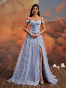 VIPGIRL Elegant Women's Off-Shoulder Mesh A-Line Ball Gown, Slit Design, Zipper Detail, Long Formal Bridesmaid Dress - Baby Blue - View 3