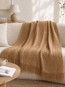 Comfortable Knitted Tassel Throw Blanket - Soft, Lightweight, Ideal For Sofa, Bed And Travel - Beige And Cream Farmhouse Style - Khaki - View 2