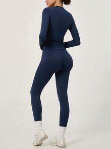 NcmRyu One Set Women's Round Neck Fitted Soft Long Sleeve High Waist Pants Gym Training Running Aerobics Yoga Pilates Workout Set - Blue - View 9