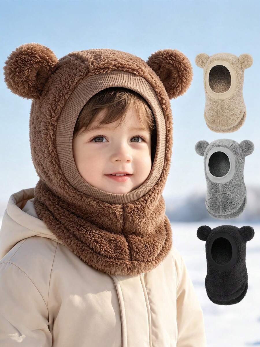 1pc Children's Bear Ear Plush Balaclava Hat, Thick Warm All-In-One Neck Warmer, Soft Fleece Kids Headwear For Winter Daily Outdoor Wear - 1PC - View 1