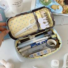Blue Heart Polka Dot Print Pencil Case, Large Capacity Multi-Compartment Storage Bag, Portable Desktop Stationery Organizer, Multi-Functional Storage Bag, Suitable For Business Trips, School And Travel, Back To School Gift For Friends - Multicolor - View 2