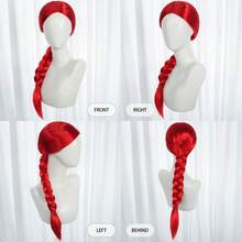 Bright Red Long Single‑Braid Synthetic Cosplay Wig For Women, Yellow Bow Hair Accessory Optional, Smooth Straight Braided Wig For Halloween Party Stage Fancy Dress & Anime Conventions - Multicolor - View 8
