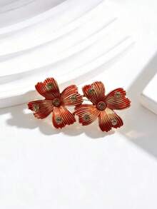 Dual‑Flower Striped Enamel Rhinestone Brooch Vintage Floral Lapel Pin - Flower - View 7