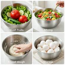 1/3pcs Stainless Steel Mixing Bowl Set, Brushed Metal Finish, Microwave , Round Vegetable Themed Bowl, Suitable For Kitchen Prep And Storage, Perfect For BBQ And Outdoor Cooking - Silver - View 3