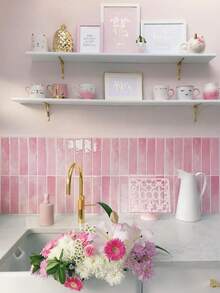 4/10/20 Sheets 11.43"*9" 3D Self-Adhesive Peel And Stick Backsplash Tile, Kitchen Bathroom Wall Tile, Glossy Soft Pink Watercolor Texture - Powder Glaze Strip - View 1