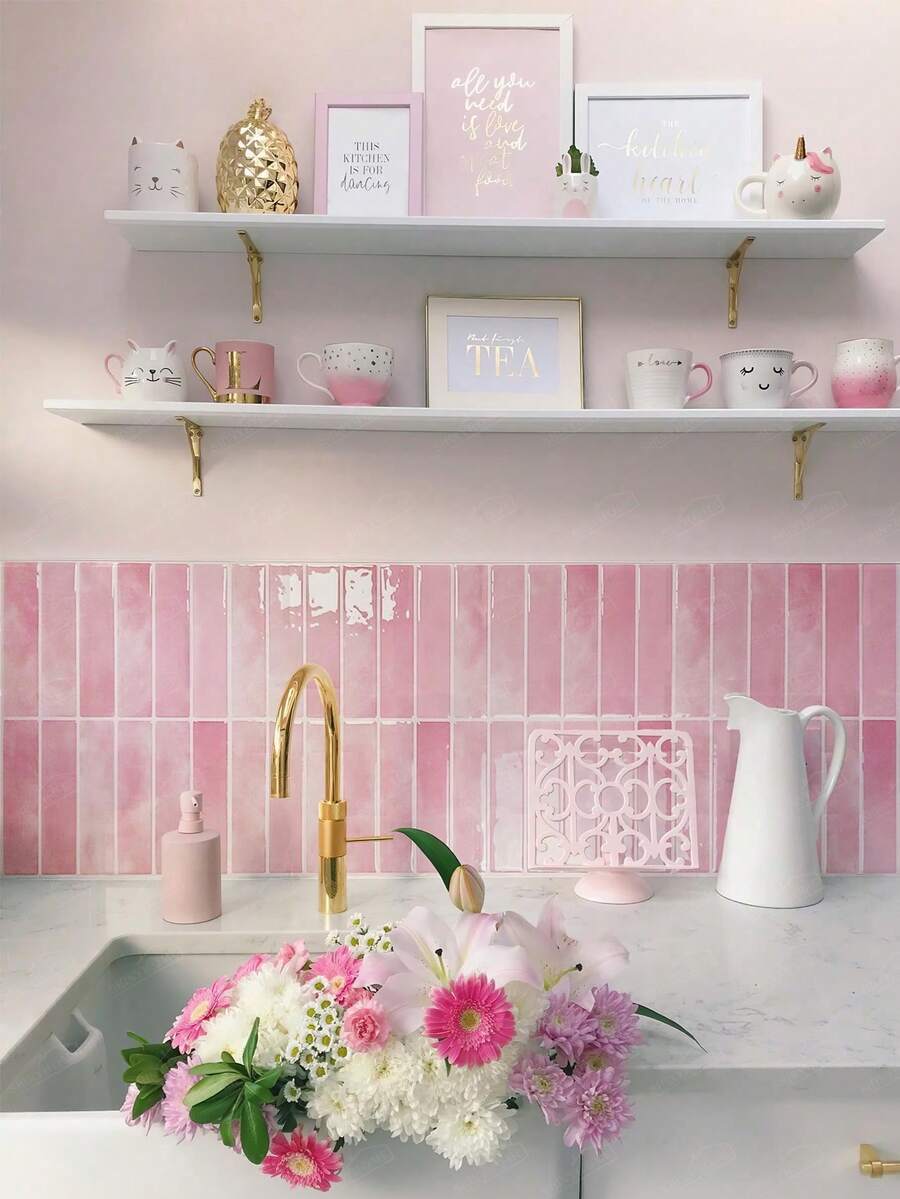 4/10/20 Sheets 11.43"*9" 3D Self-Adhesive Peel And Stick Backsplash Tile, Kitchen Bathroom Wall Tile, Glossy Soft Pink Watercolor Texture - Powder Glaze Strip - View 1