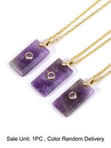 1pc Women's Amethyst Necklace Crystal Rectangle Pendant With Zirconia Natural Stone Stainless Steel Chain Fashion Jewelry H936 - Necklace - View 12