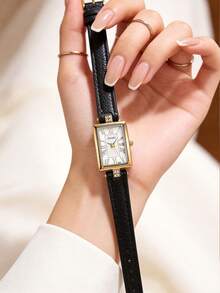 1pc Women's Jewelry Rectangular Retro Quartz Watch, Dark Green Textured Dial With Diamond Studded PU Strap, Light Luxury Commuter Women's Watch - Black - View 2