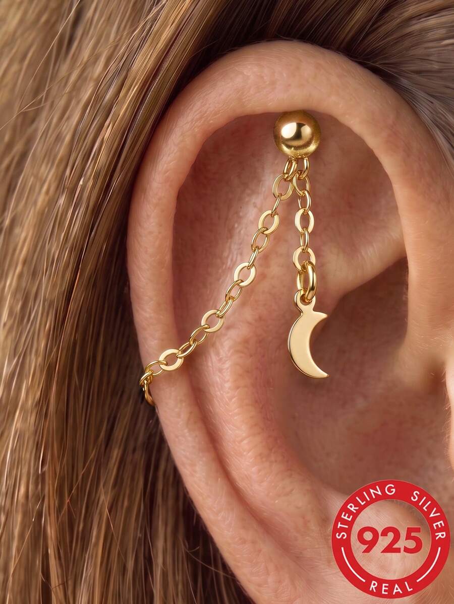1PC 925 Sterling Silver Dainty Moon Dangle Charm Chain Pendant Convertible Ear Chain Earring Accessory Connector For Daily Wear Girls And Men Party - Gold - View 1