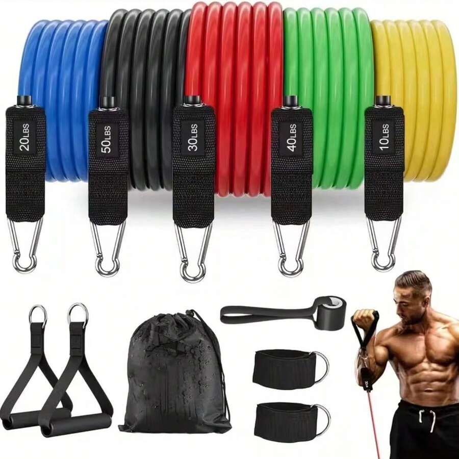 11pcs Multi-Function TPE Resistance Band Set, Multiple Tension Levels - Anti-Slip, Anti-Break, Stackable - Includes Foam Handles, Elastic Fitness Bands, Ankle Straps, Door Anchor, Suitable For Home, Gym, Yoga, Pilates Full Body Workout "Suitable For Beginners, 10 Sets Per Day, 100 Reps Per Set, Better Results"
