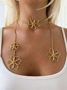 1pc Metal Floral Pendant Necklace, Elegant Luxury Vintage Long Layered Choker Necklace For Women - Gold - View 1