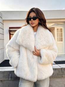 Seelio Autumn/Winter New Thick Faux Fur Collar Faux Fur Lined Mid-Length Fashionable Fur Coat Vacation - Pure White - View 2