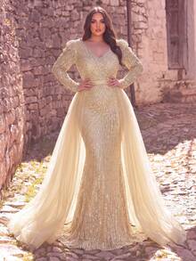 Plus Size Elaborate Long Sleeve Sequin Formal Dress With Deep V Neck And Mesh Train For Prom & Gala - Champagne - View 6
