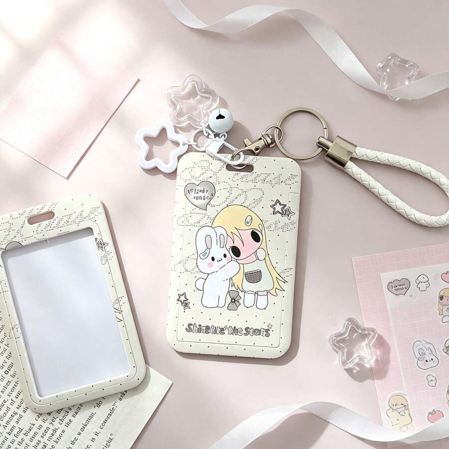 Sweet Character Card Holder, Decorative Star Bell Keychain Wristband ID Badge Holder, Portable Card Protector, Suitable For Daily Collection Cards, Access Cards, Transaction Cards, Fan Merchandise - A - View 1