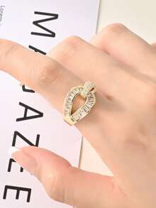 1pc Fashionable Personalized Elegant Hollow Design Open Ring High-End Versatile Artificial Zirconia Inlaid Finger Ring Suitable For Women's Daily Wear - Gold - View 2