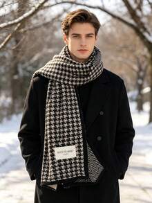 1pc Men's Houndstooth Plaid Knit Scarf, Thick Warm Reversible Wear, Winter Business Commute Daily Fashion Accessory - Multicolor - View 3