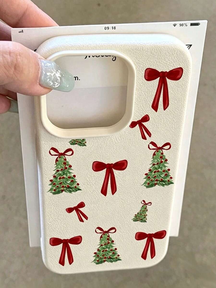 Fashionable Cute Christmas Beige Litchi Texture Red Bow Christmas Tree Pattern Phone Case, Compatible With IPhone18/18Pro/18ProMax/17/17Pro/17ProMax/16/16Pro/16ProMax/15/14/13/12/11 - Beige - View 1
