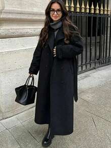 Seelio Autumn/Winter New Women's Fashion Classic Double-Breasted Windbreaker Coat Woolen Overcoat Black Fall - Black - View 1