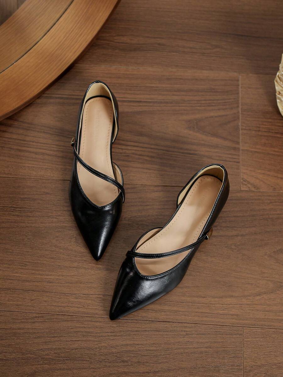 New French Style Pointed Toe Thin Strap Side Cutout 3cm Hidden Height Increase Flat Ballet Shoes Soft Sole Slip-On Mary Jane Shoes For Office Commute - Black - View 1