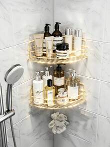 2pcs Corner Shower Caddy, No Drilling Corner Storage Rack, Wall-Mounted Storage Shelf Shampoo Holder, Bathroom Shelf, Toilet Triangle Storage Rack, Bathroom Toilet Shower Corner Rack - Gold Two Sets - View 7
