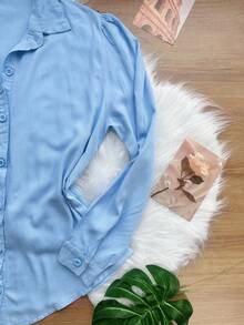 Women's Solid Button Down Shirt CasualSP035 - Baby Blue - View 4