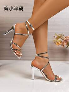 女款性感輕量交叉綁帶水鑽扣飾夏季夜店風百搭露趾正式超高跟鞋（尺寸偏小半號） - 銀色 - 查看 2