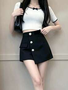 Vintage Design Asymmetrical A-Line Niche Button Low Waist Casual Slimming Wide Leg Skorts Black Summer - Black - View 3