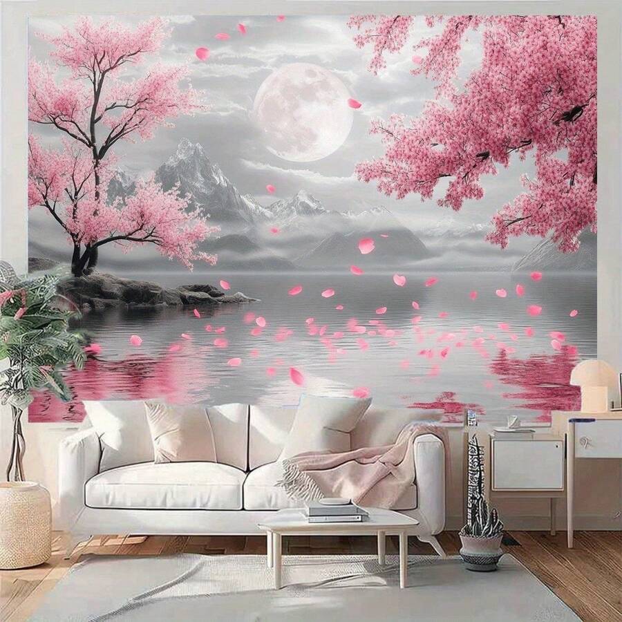 1pc Japanese Cherry Blossom Tree Moon Backdrop - Pink Sakura Night Sky With Mountain Reflection & Full Moon, Realistic Japanese Landscape Wall Mural For Weddings, Photo Booths,, Parties - Easy-To-Hang Self-Adhesive-Like (Poly - 1PC - View 1