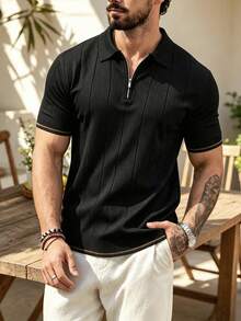ALTZTAR Men's Summer Half-Zip Polo Collar Ribbed Solid Color Short Sleeve Knit Sweater - Black - View 2