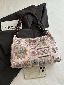2026新款中式刺繡女款肩背包 百搭斜挎水桶包 時尚女包 - 粉色 - 查看 5