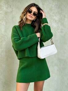 Women's Solid Color Mock Neck Long Sleeve Top + Elastic Waist Short Skirt – Fall Winter Simple Lazy Knit Skirt Set, Street Casual Matching Wear - Green - View 1